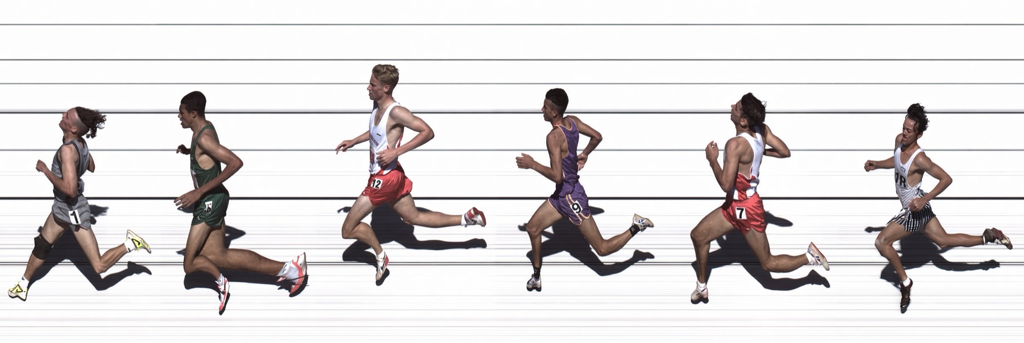 FinishLynx photo-finish image of six runners crossing the line